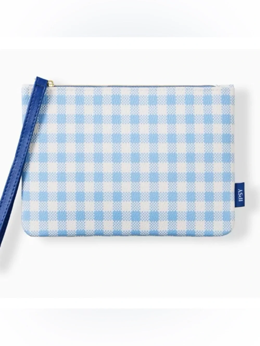 Ipsy Blue Gingham Faux Leather Glam Bag Wristlet